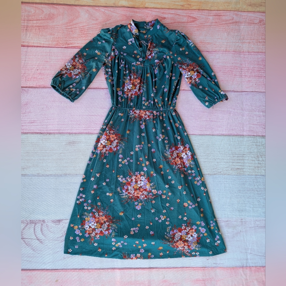 Vintage 70s Green Floral‎ Secretary Dress S/M